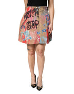 Beige Graffiti Print Cotton Blend Mini Skirt