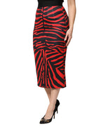 Red Black Zebra Print Polyester Pencil Midi Skirt