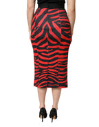 Red Black Zebra Print Polyester Pencil Midi Skirt