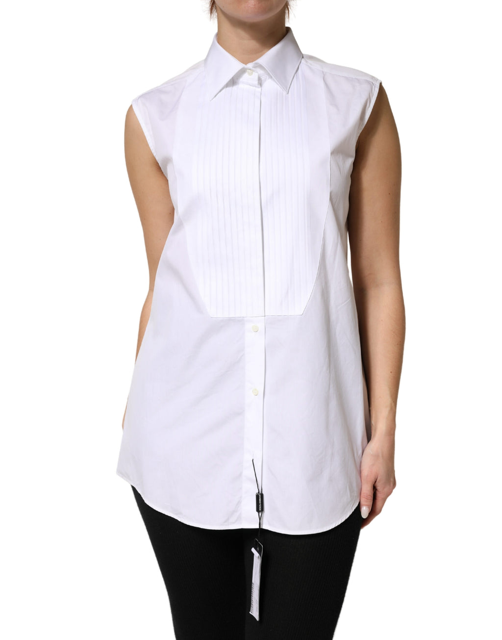 White Cotton Pleated Sleeveless Button Down Top