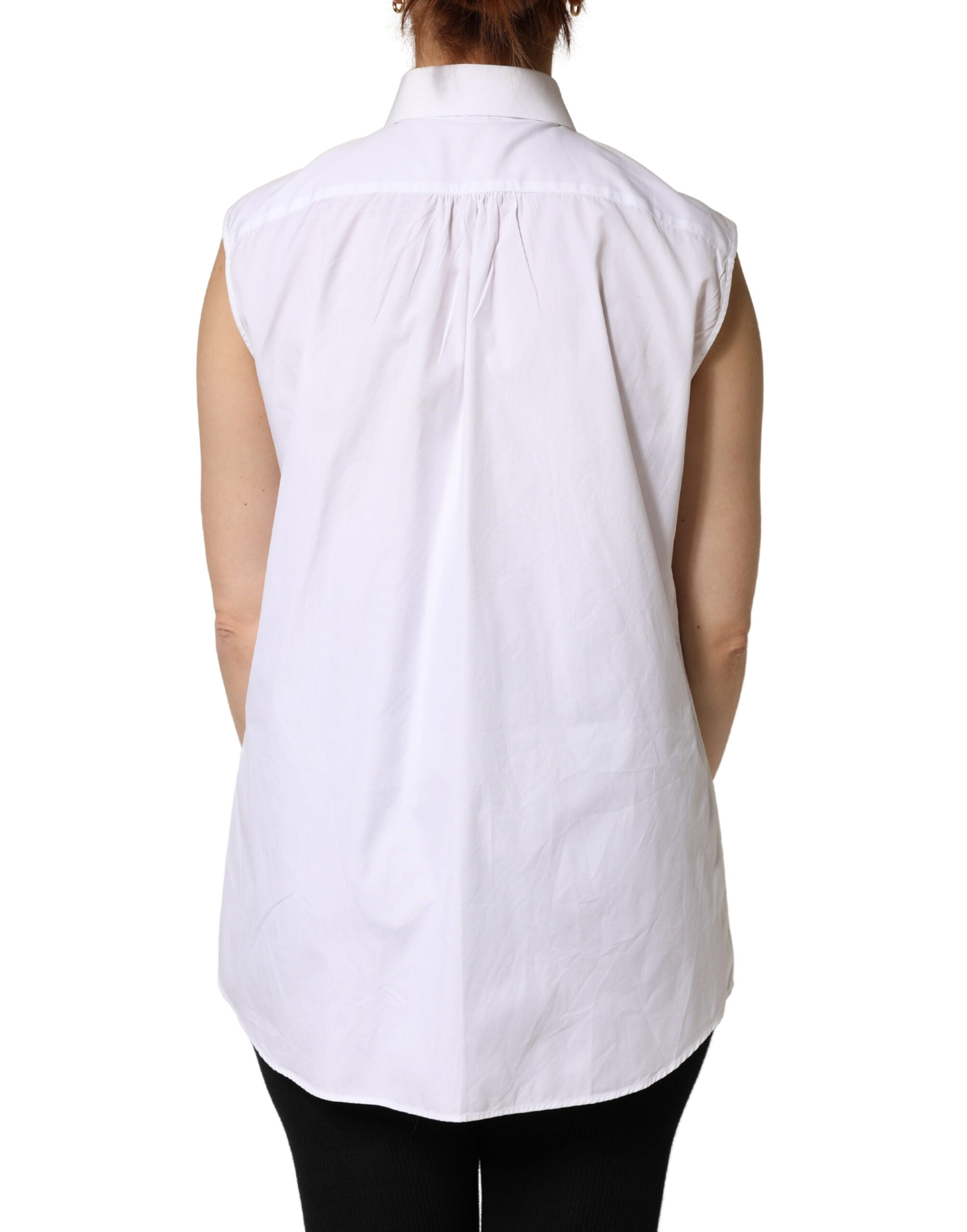 White Cotton Pleated Sleeveless Button Down Top