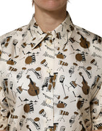 Beige Musical Instrument Print Short Sleeve Top