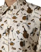 Beige Musical Instrument Print Short Sleeve Top
