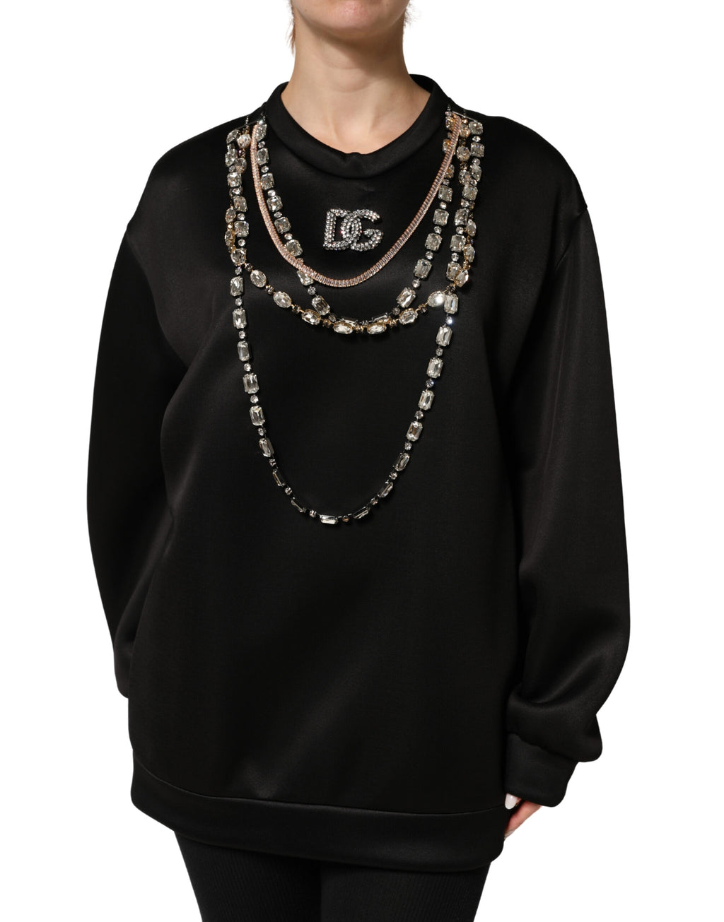 Black Embellished Logo Crystal Sweatshirt Top