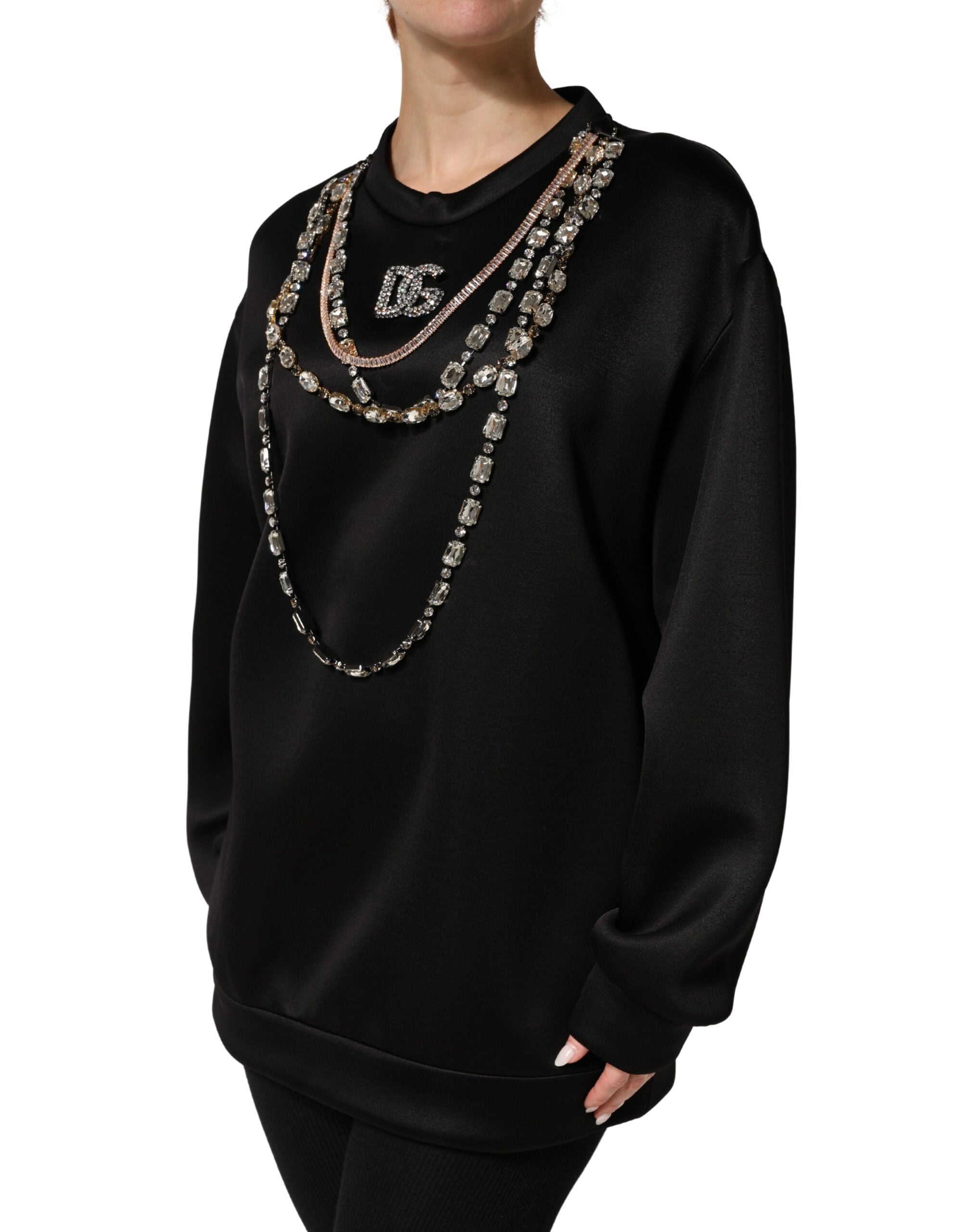 Black Embellished Logo Crystal Sweatshirt Top