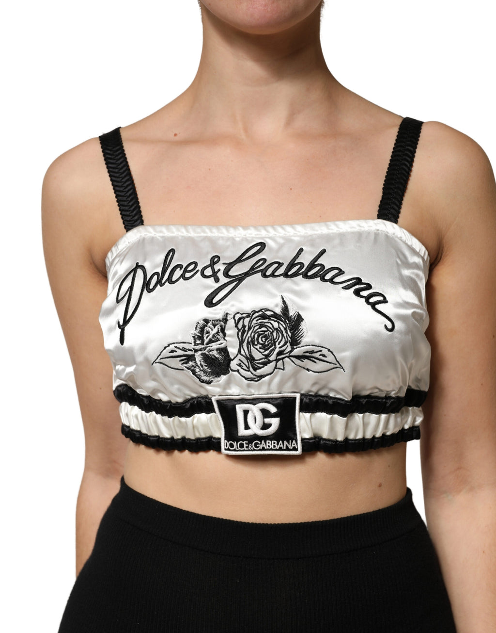 White Silk Satin Crop Black Logo Bralette Top