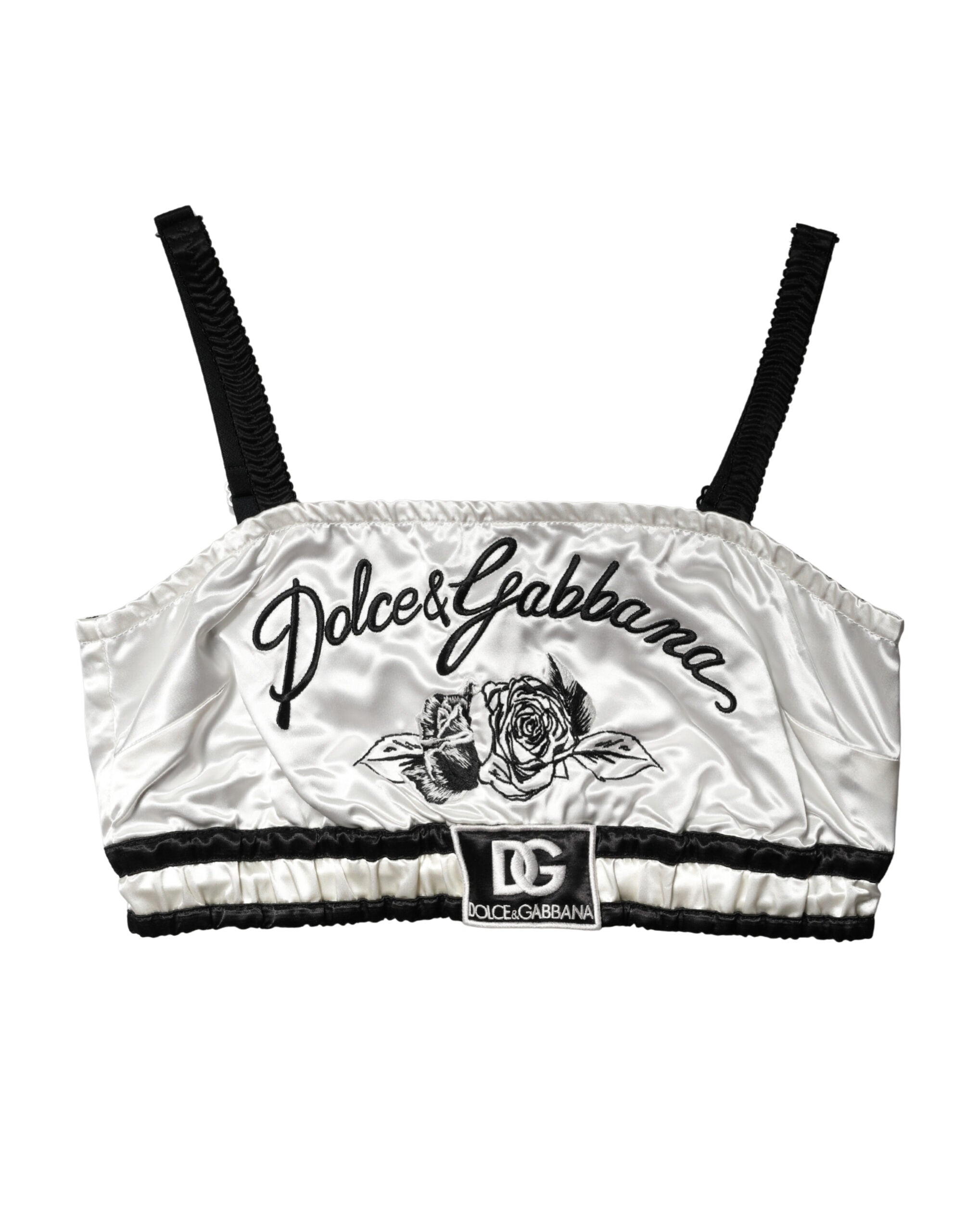 White Silk Satin Crop Black Logo Bralette Top