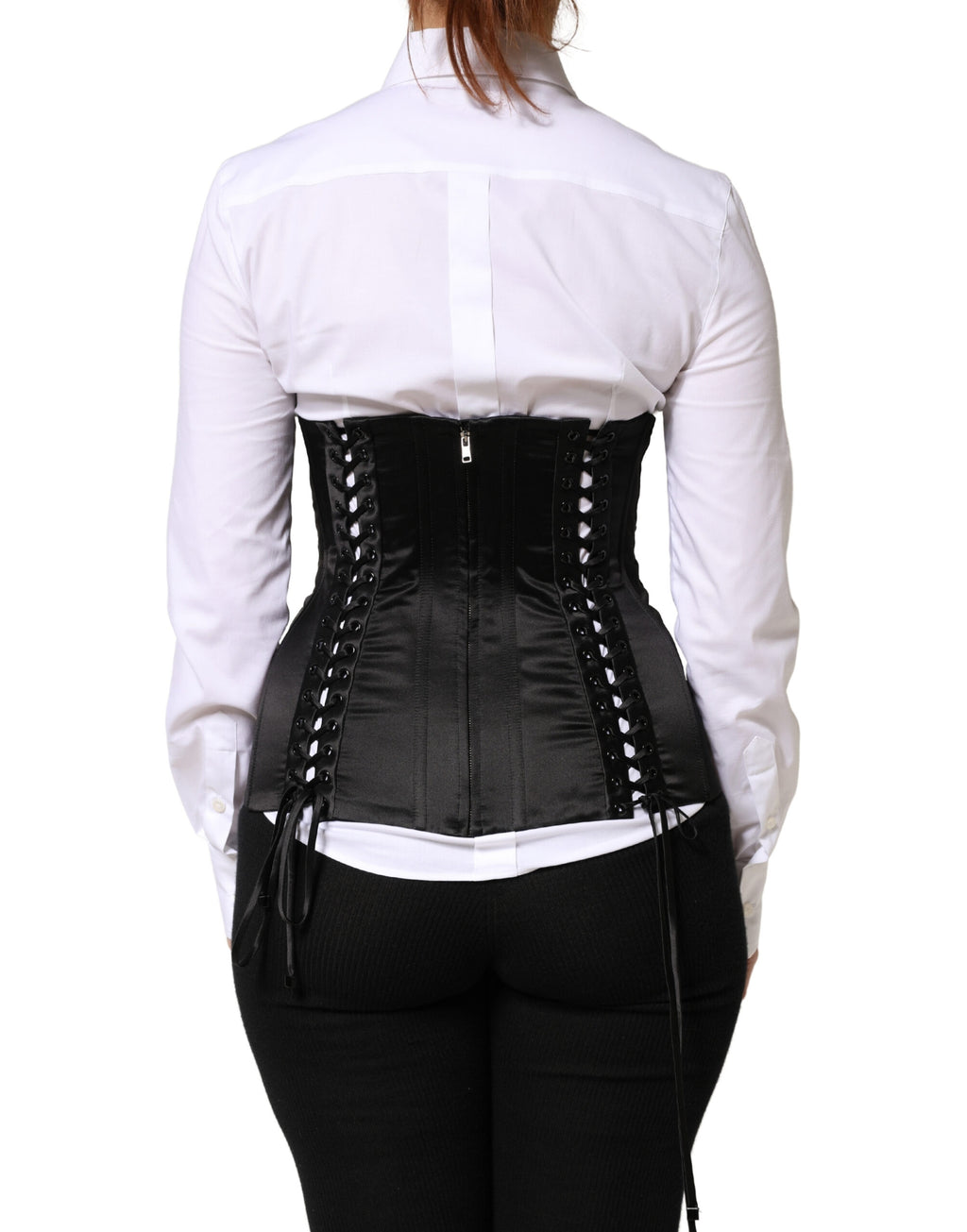 Black Silk Lace-Up Waist Cincher Corset Top