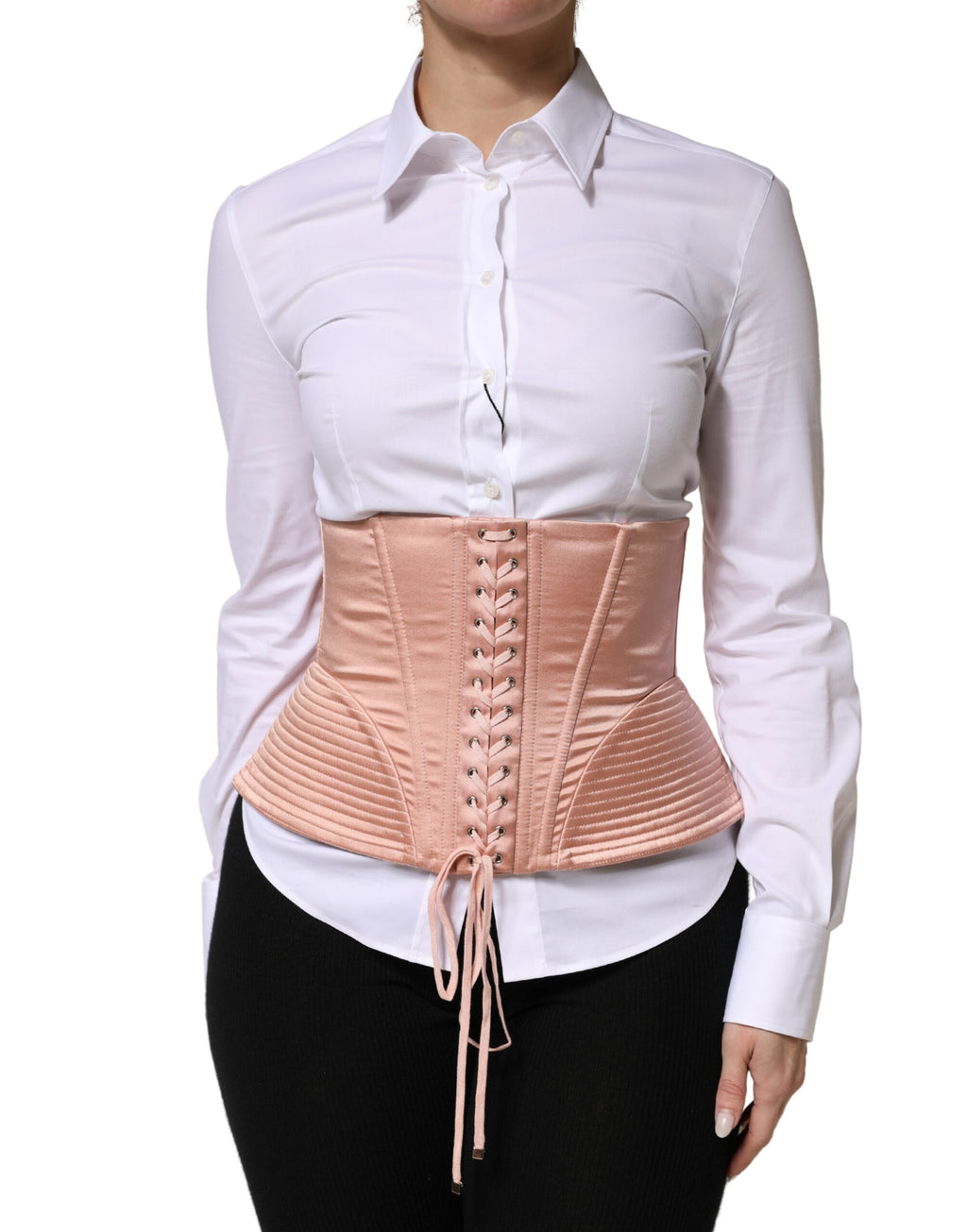 Pale Pink Silk LaceUp Waist Cincher Corset Top