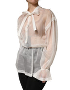 White Sheer Silk Blouse Lace Bow Tie Blouse Top