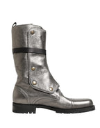 Metallic Leather Buckle Combat Boots Shoes