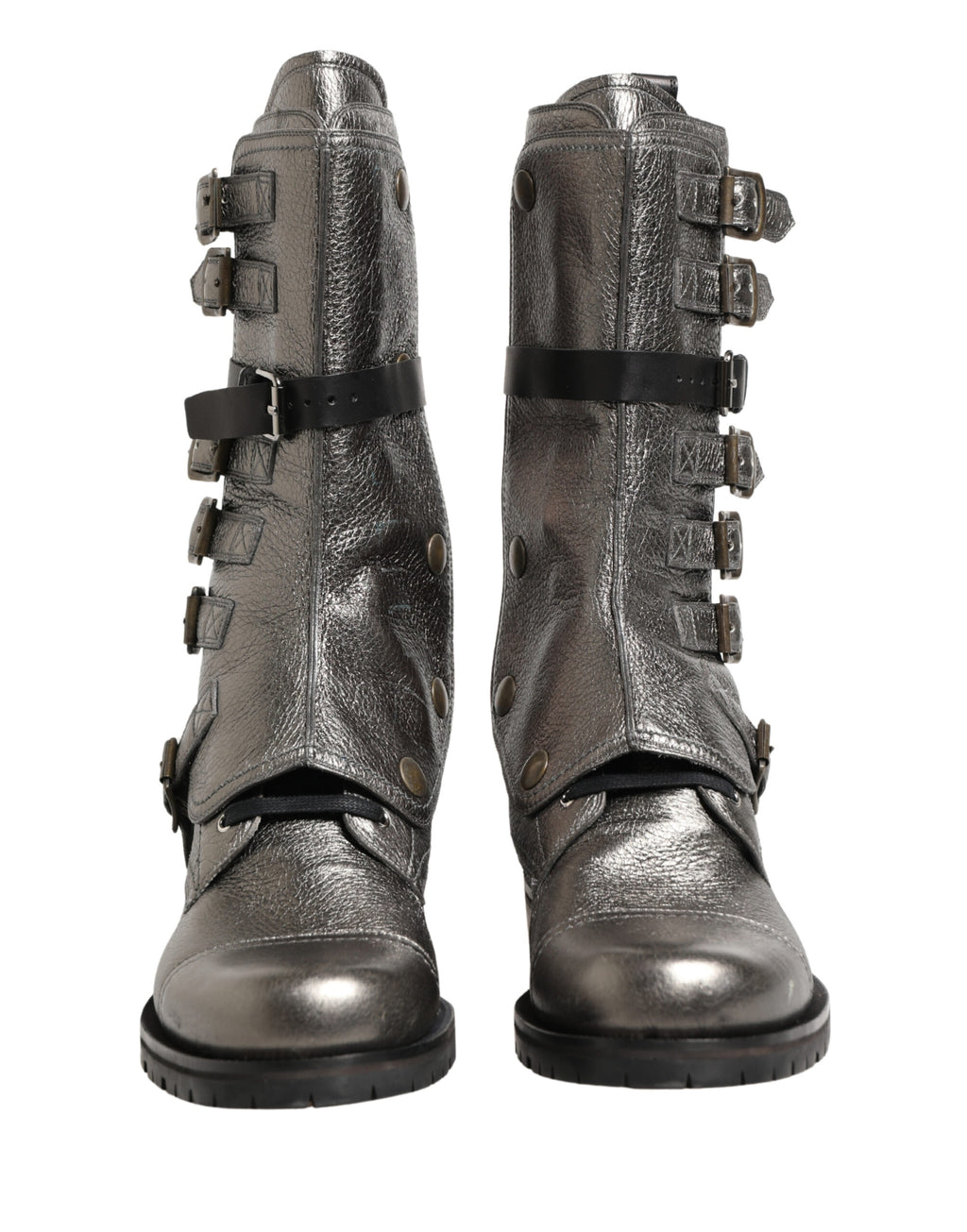 Metallic Leather Buckle Combat Boots Shoes