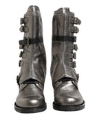 Metallic Leather Buckle Combat Boots Shoes