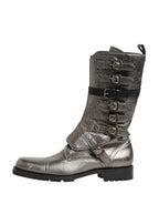 Metallic Leather Buckle Combat Boots Shoes