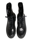 Black Leather Trek Sole Combat Boots Shoes