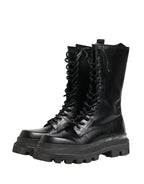 Black Leather Trek Sole Combat Boots Shoes