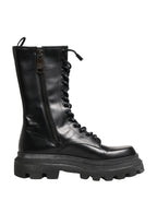 Black Leather Trek Sole Combat Boots Shoes