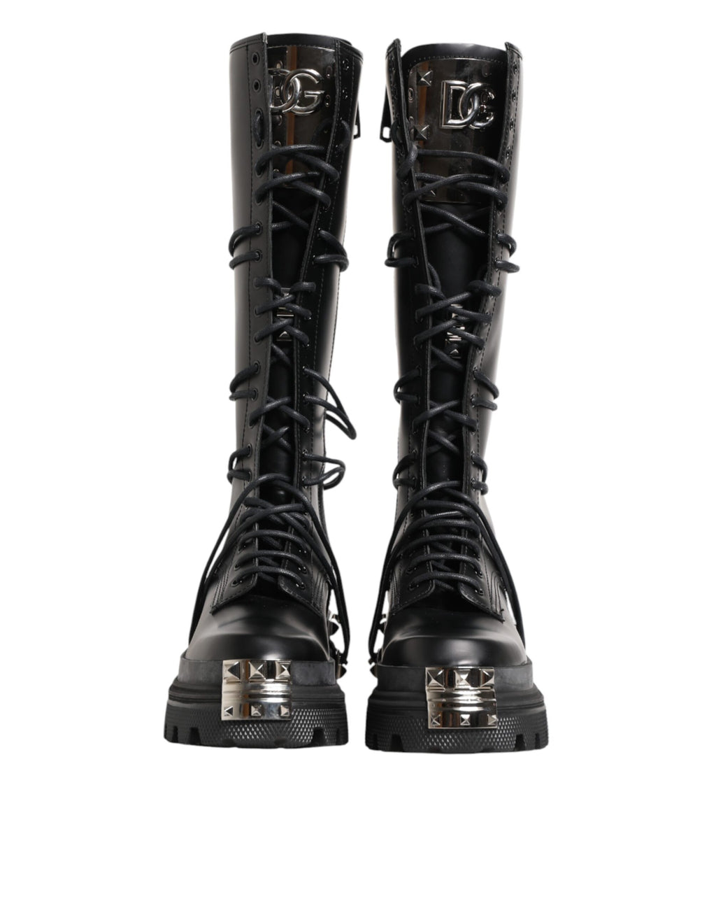 Black Leather Knee High Combat Boots Shoes