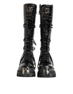 Black Leather Knee High Combat Boots Shoes