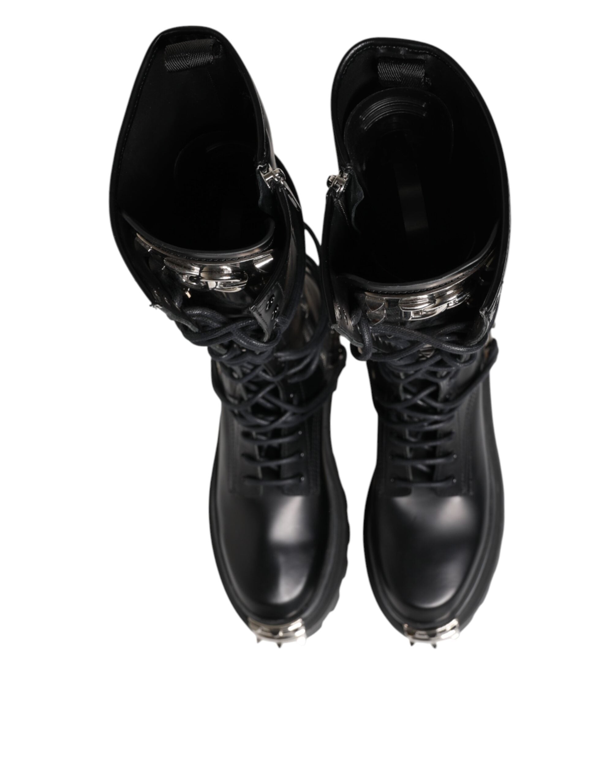 Black Leather Knee High Combat Boots Shoes