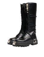 Black Leather Knee High Combat Boots Shoes