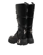 Black Leather Knee High Combat Boots Shoes
