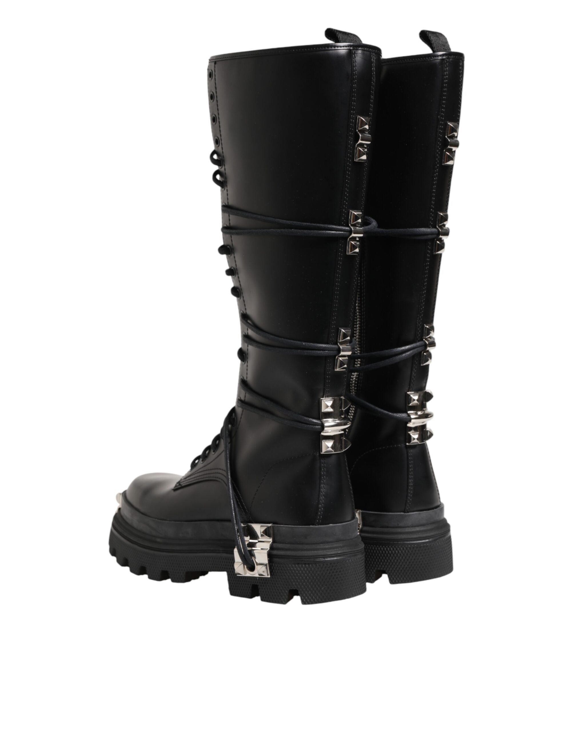 Black Leather Knee High Combat Boots Shoes