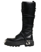 Black Leather Knee High Combat Boots Shoes