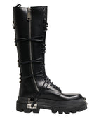 Black Leather Knee High Combat Boots Shoes