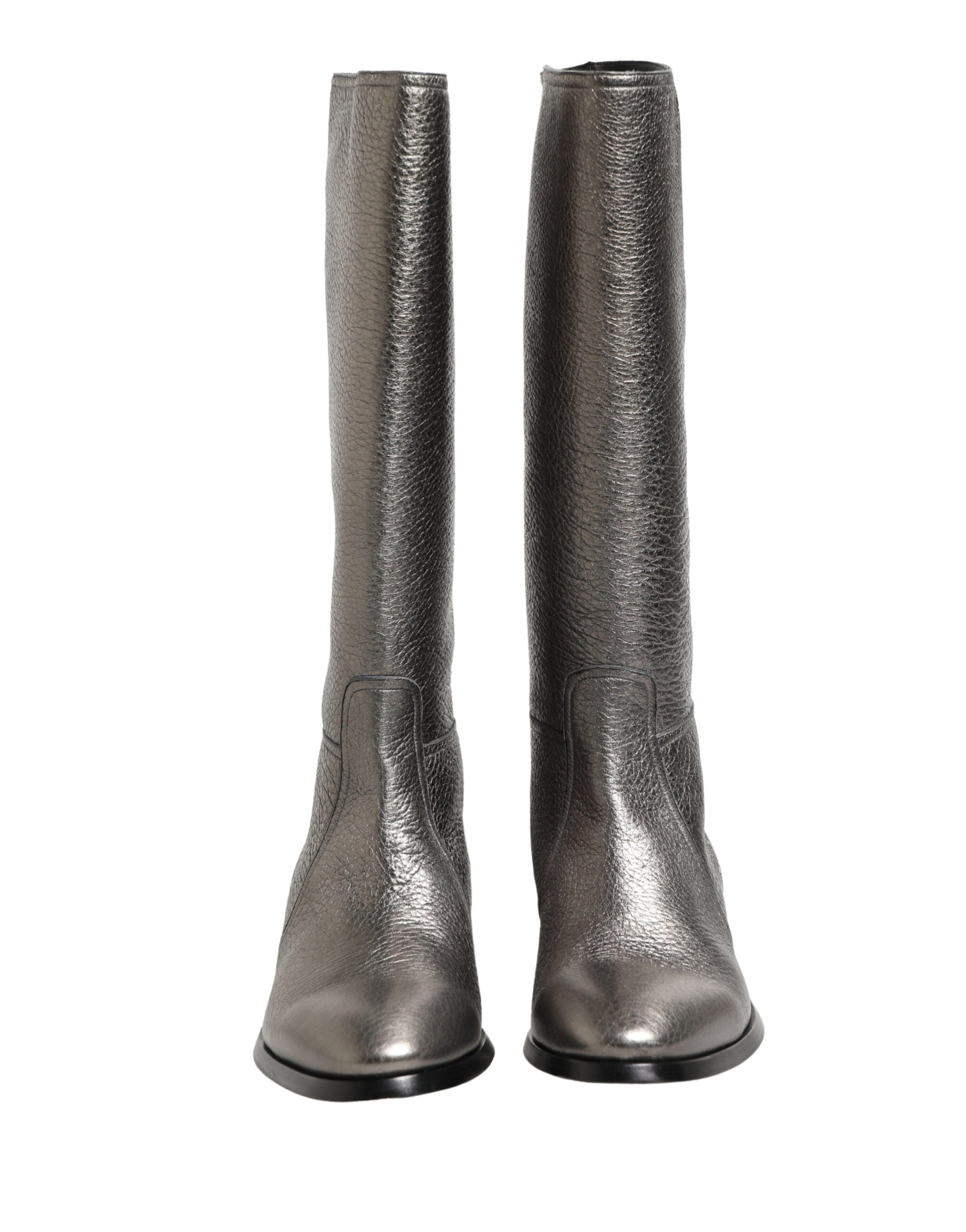 Metallic Silver Leather Knee High Boots Shoes