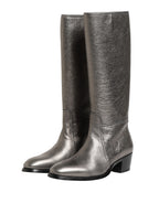 Metallic Silver Leather Knee High Boots Shoes