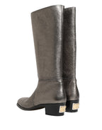 Metallic Silver Leather Knee High Boots Shoes