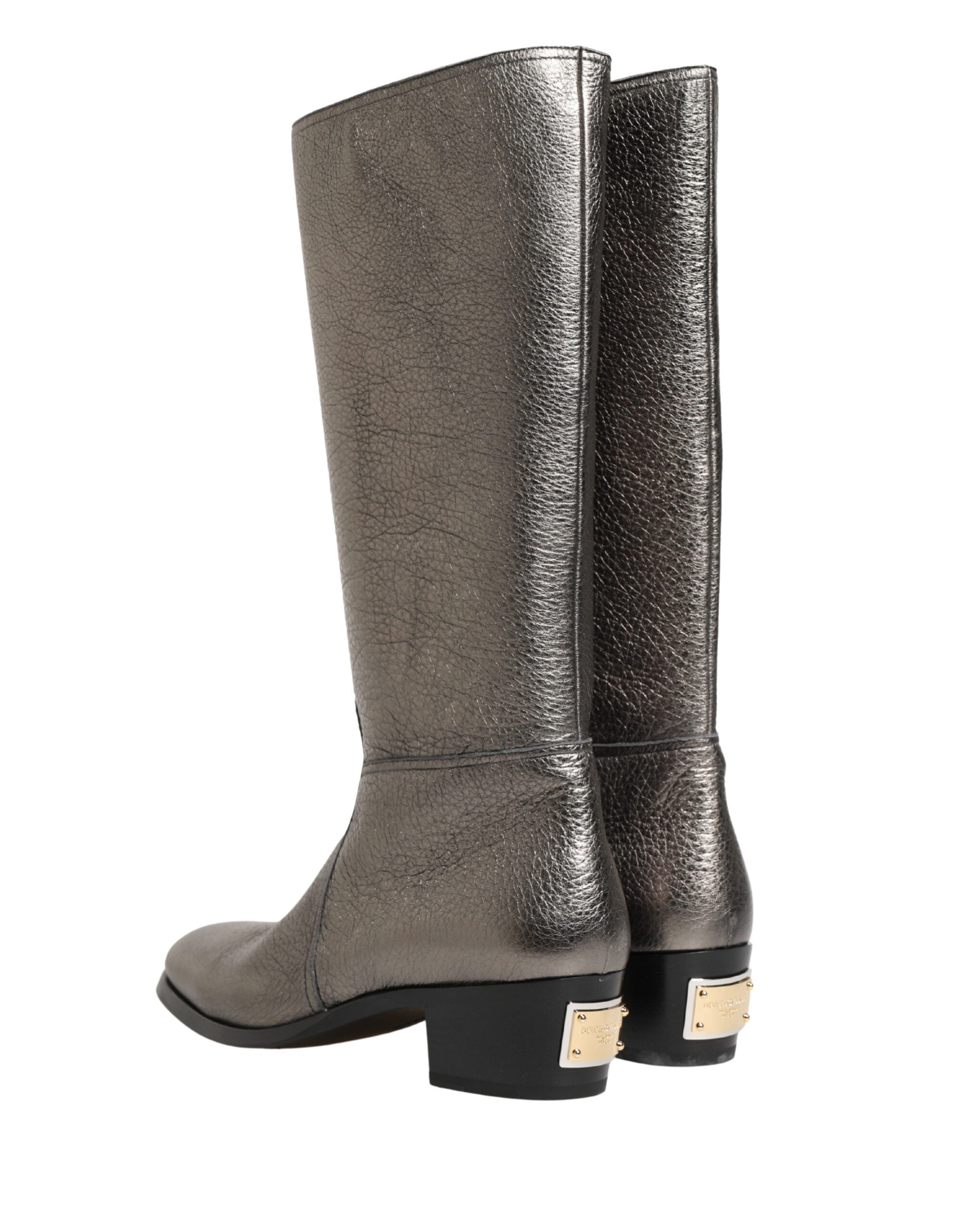 Metallic Silver Leather Knee High Boots Shoes