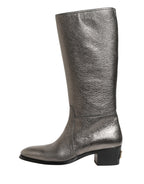 Metallic Silver Leather Knee High Boots Shoes