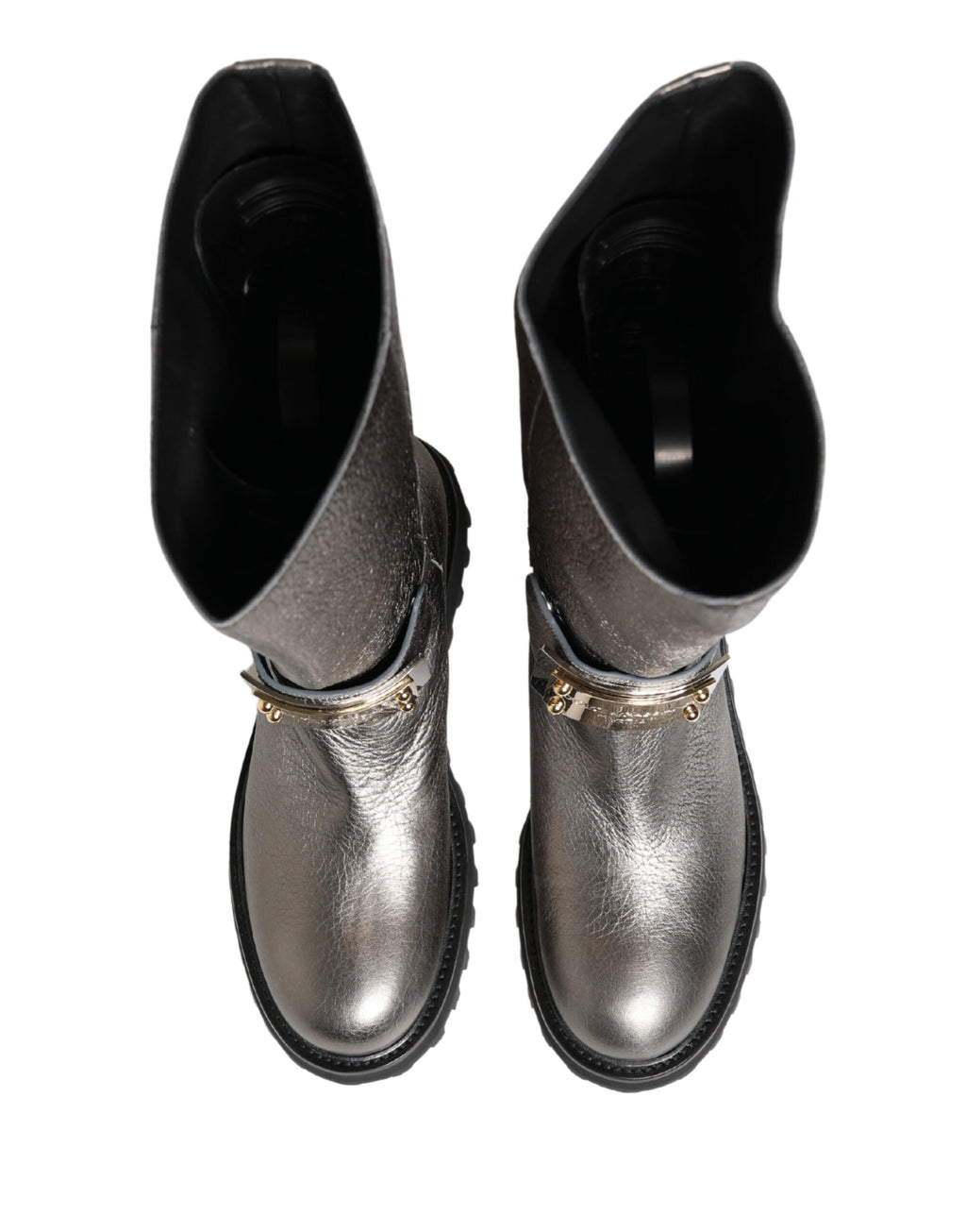Metallic Silver Leather Mid Calf Boots Shoes