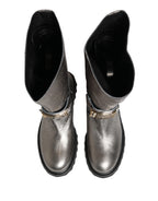 Metallic Silver Leather Mid Calf Boots Shoes