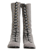 Gray Shearling Lace Up Knee High Boots Shoes