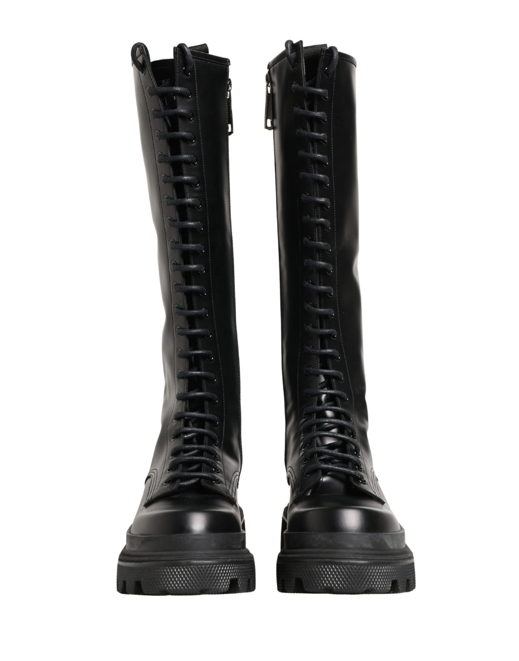 Black Leather Knee High Lace Up Boots Shoes
