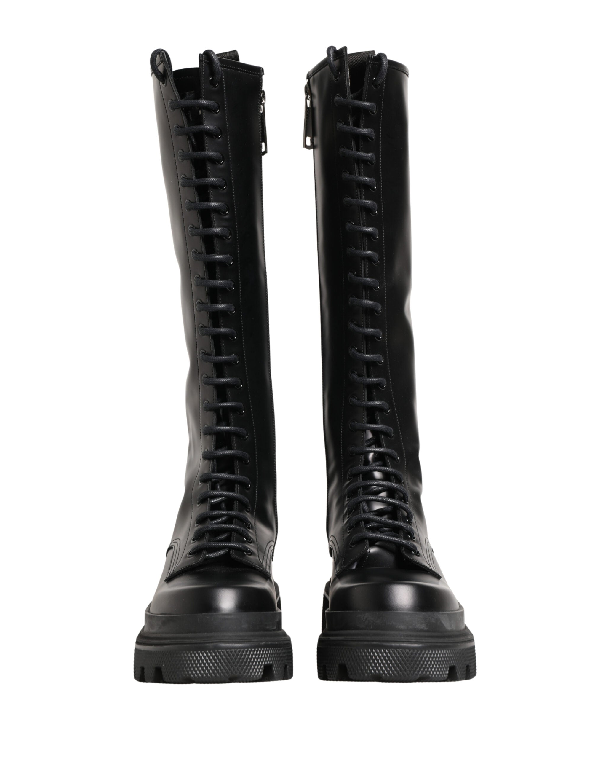 Black Leather Knee High Lace Up Boots Shoes