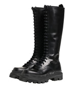 Black Leather Knee High Lace Up Boots Shoes