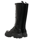 Black Leather Knee High Lace Up Boots Shoes
