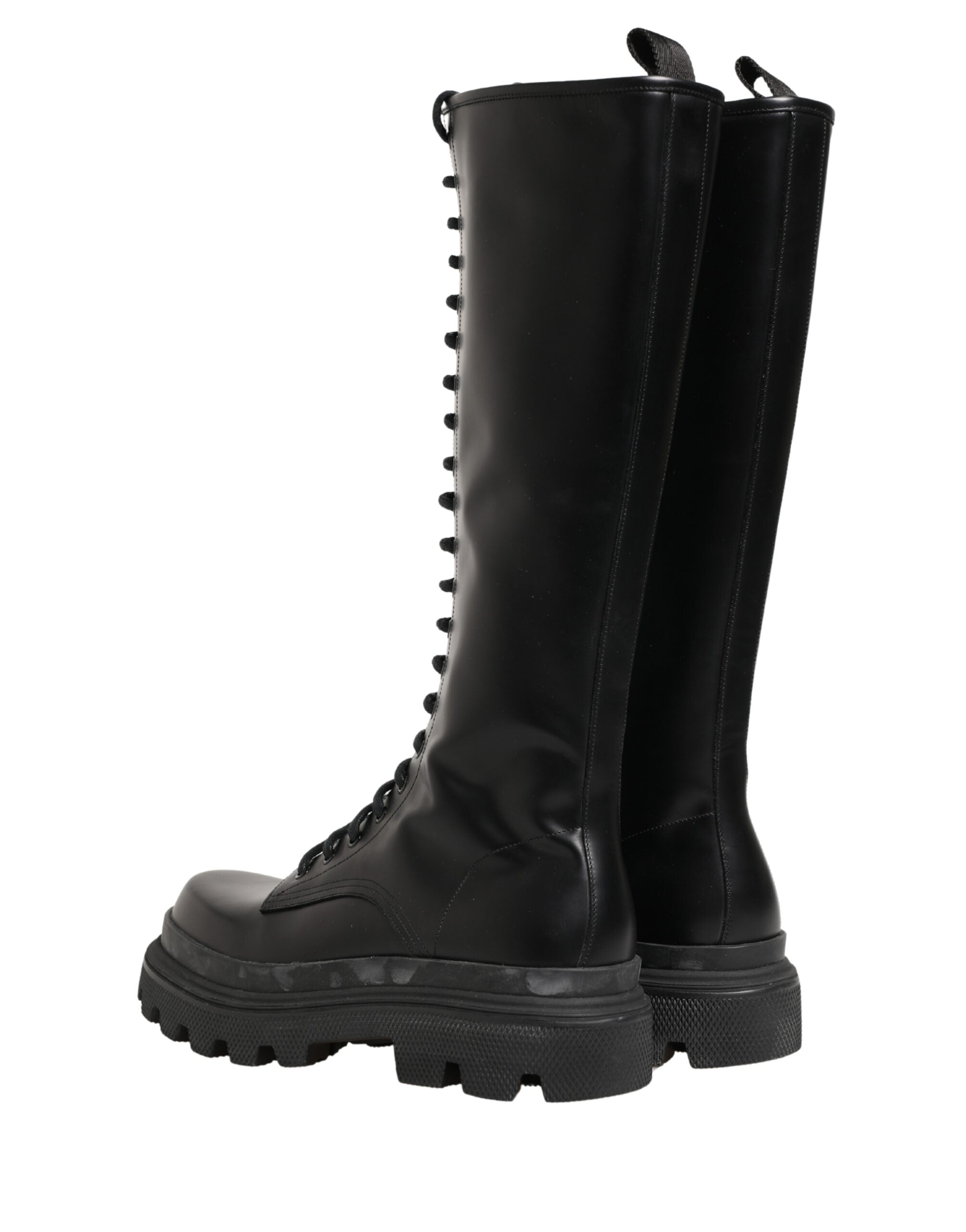 Black Leather Knee High Lace Up Boots Shoes