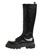 Black Leather Knee High Lace Up Boots Shoes