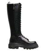 Black Leather Knee High Lace Up Boots Shoes