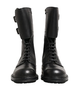 Black Leather Belted Buckle Combat Boots Shoes