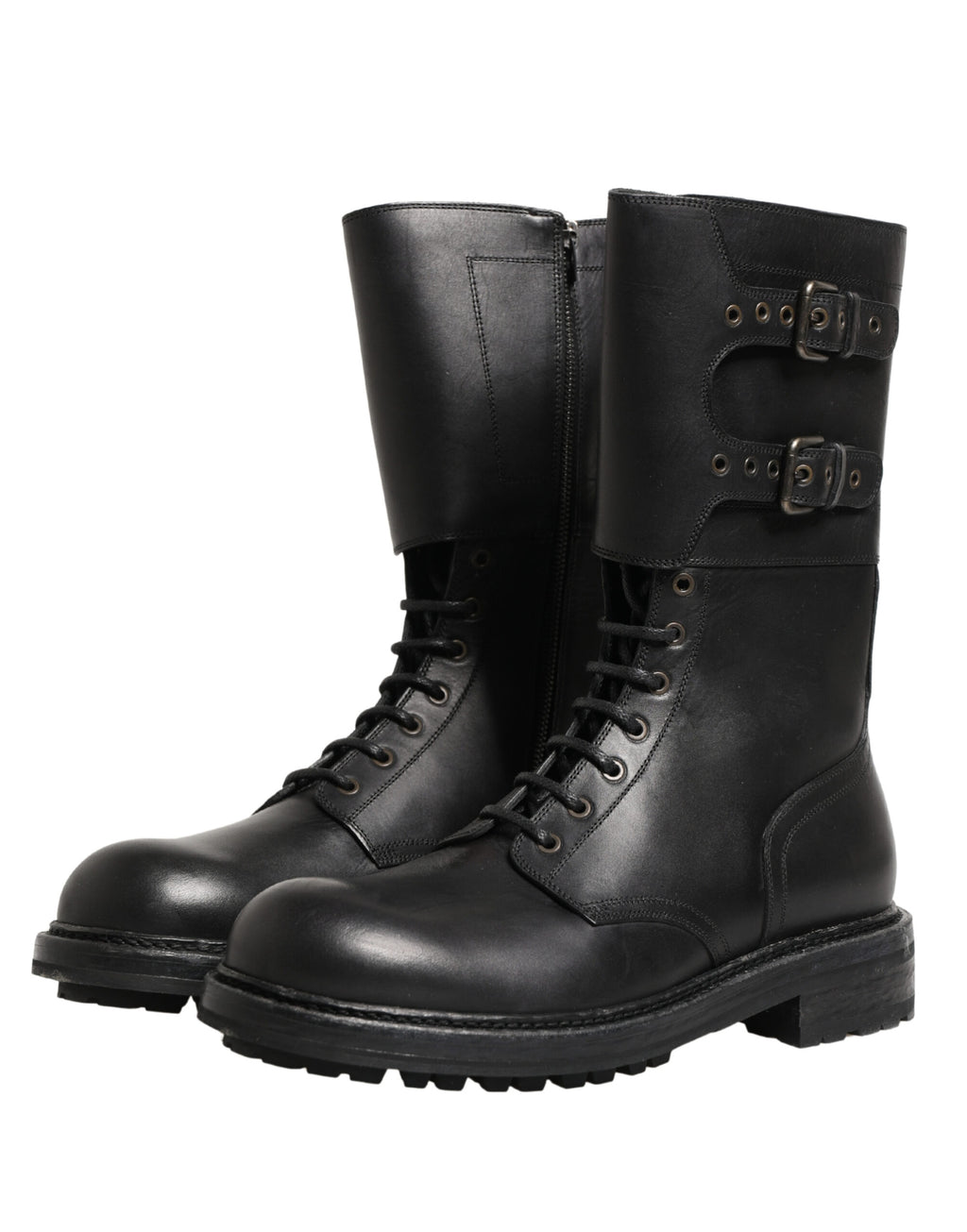 Black Leather Belted Buckle Combat Boots Shoes