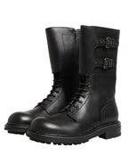Black Leather Belted Buckle Combat Boots Shoes