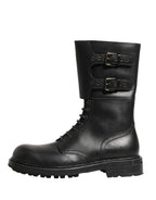 Black Leather Belted Buckle Combat Boots Shoes