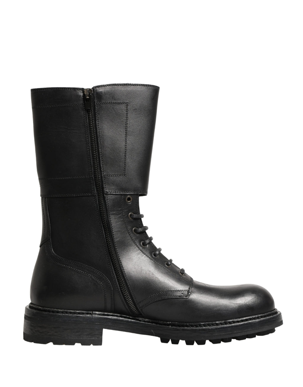 Black Leather Belted Buckle Combat Boots Shoes