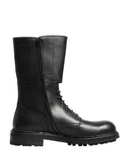 Black Leather Belted Buckle Combat Boots Shoes